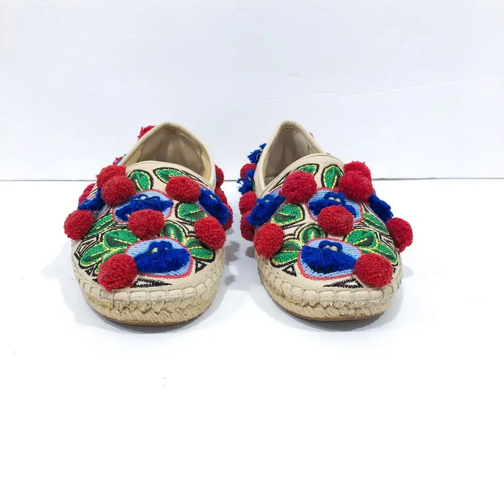 Tory Burch Ellis Pom Pom Embroidered Espadrille Flats
